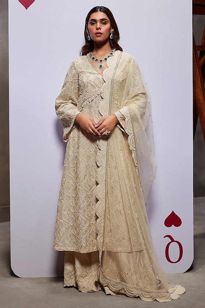 Ivory Organza Embroidered Kurta Set by Divya Aggarwal at Pernia's Pop Up Shop