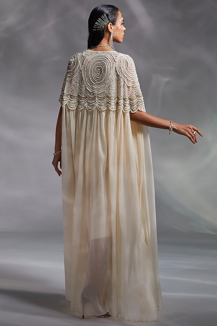Off-White Crushed Organza Embellished Cape Set by Divya Aggarwal at Pernia's Pop Up Shop