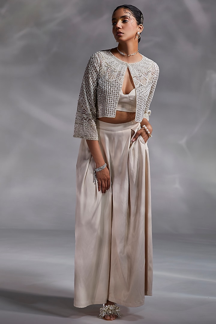 Off-White Embellished Jacket Set by Divya Aggarwal at Pernia's Pop Up Shop