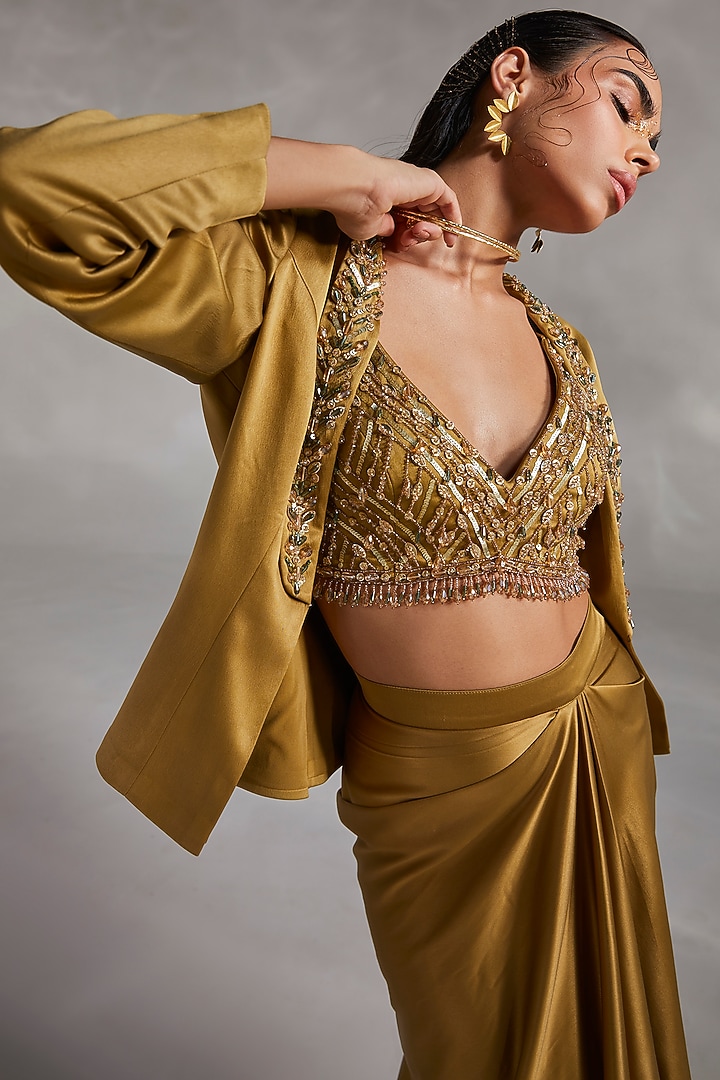 Ecru Olive Satin Draped Skirt Set by Divya Aggarwal at Pernia's Pop Up Shop