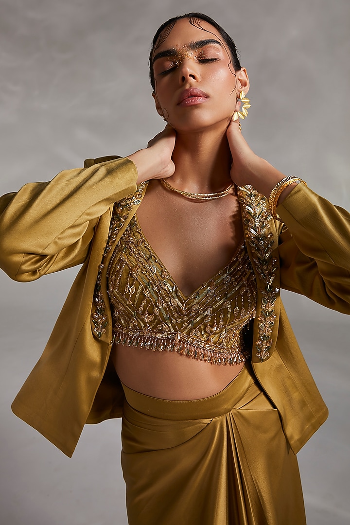 Ecru Olive Satin Draped Skirt Set by Divya Aggarwal at Pernia's Pop Up Shop