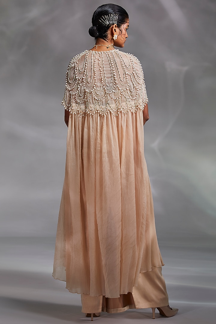 Beige Crushed Organza Hand Embroidered Cape Set by Divya Aggarwal at Pernia's Pop Up Shop