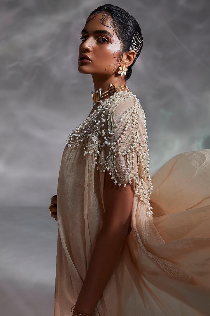 Beige Crushed Organza Hand Embroidered Cape Set by Divya Aggarwal at Pernia's Pop Up Shop