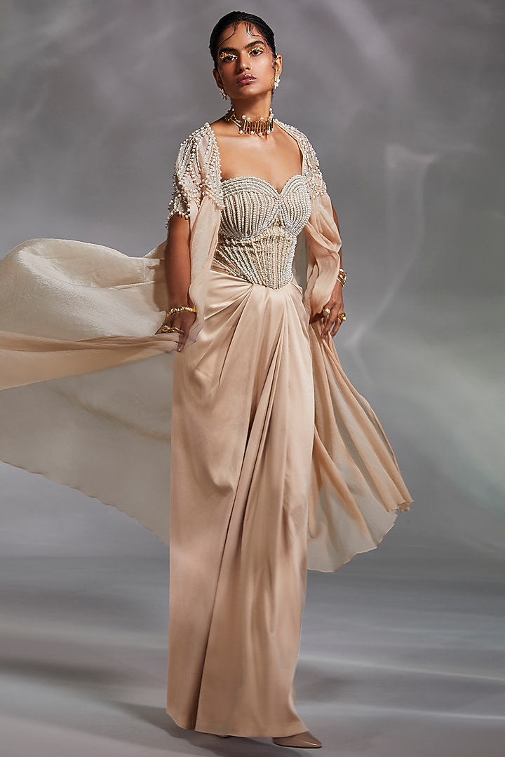 Beige Crushed Organza Hand Embroidered Cape Set by Divya Aggarwal at Pernia's Pop Up Shop