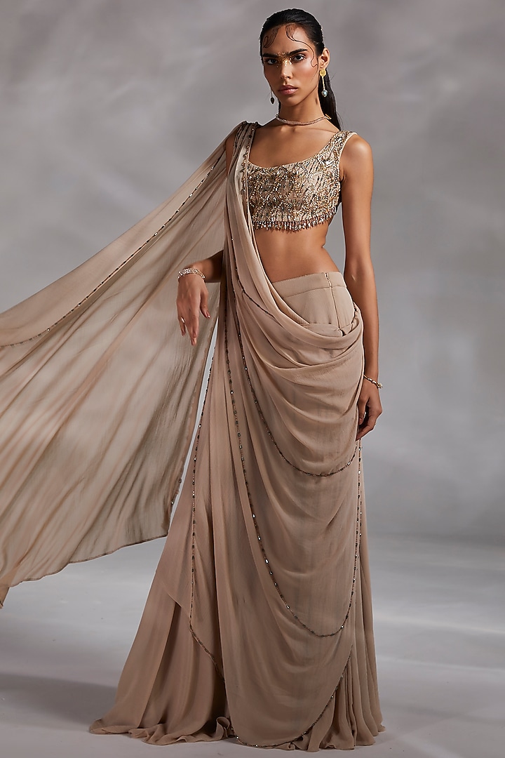 Beige Embroidered Draped Saree Set by Divya Aggarwal