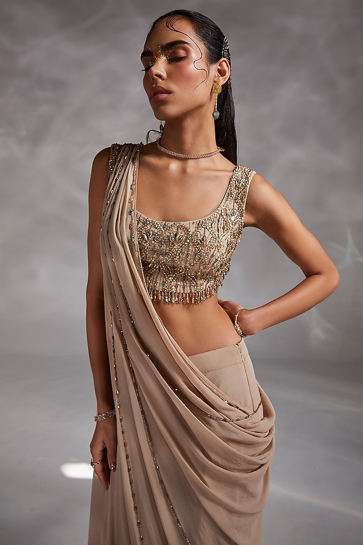 Beige Embroidered Draped Wedding Saree Set by Divya Aggarwal at Pernia's Pop Up Shop