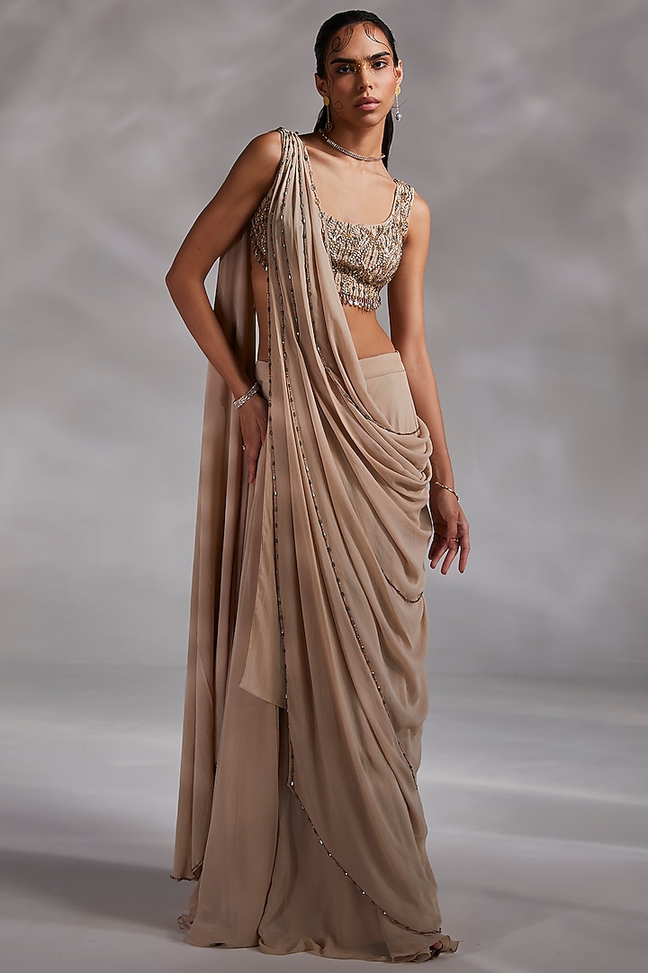 Beige Embroidered Draped Wedding Saree Set by Divya Aggarwal at Pernia's Pop Up Shop
