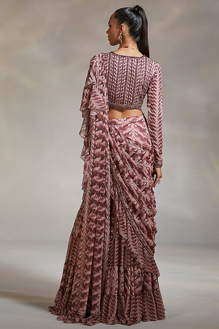 Mauve Chiffon Hand Embroidered Wedding Saree Set by Divya Aggarwal at Pernia's Pop Up Shop