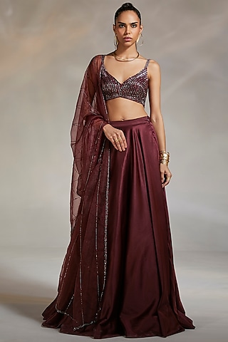 Wine Hand Embroidered Lehenga Set by Divya Aggarwal