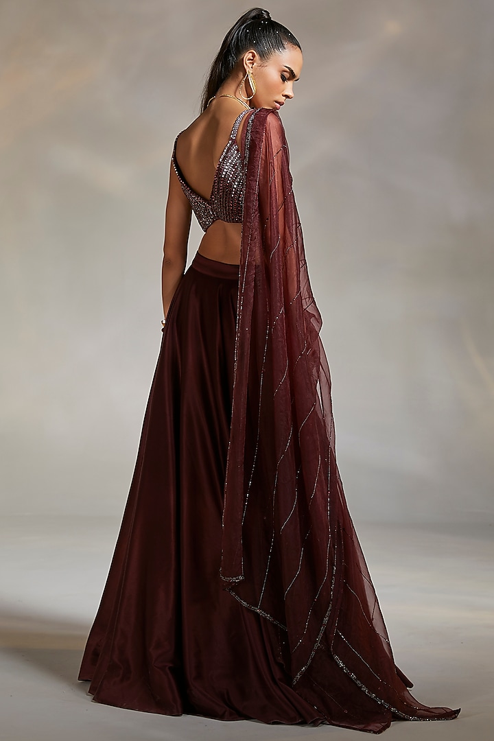 Wine Hand Embroidered Wedding Lehenga Set by Divya Aggarwal at Pernia's Pop Up Shop
