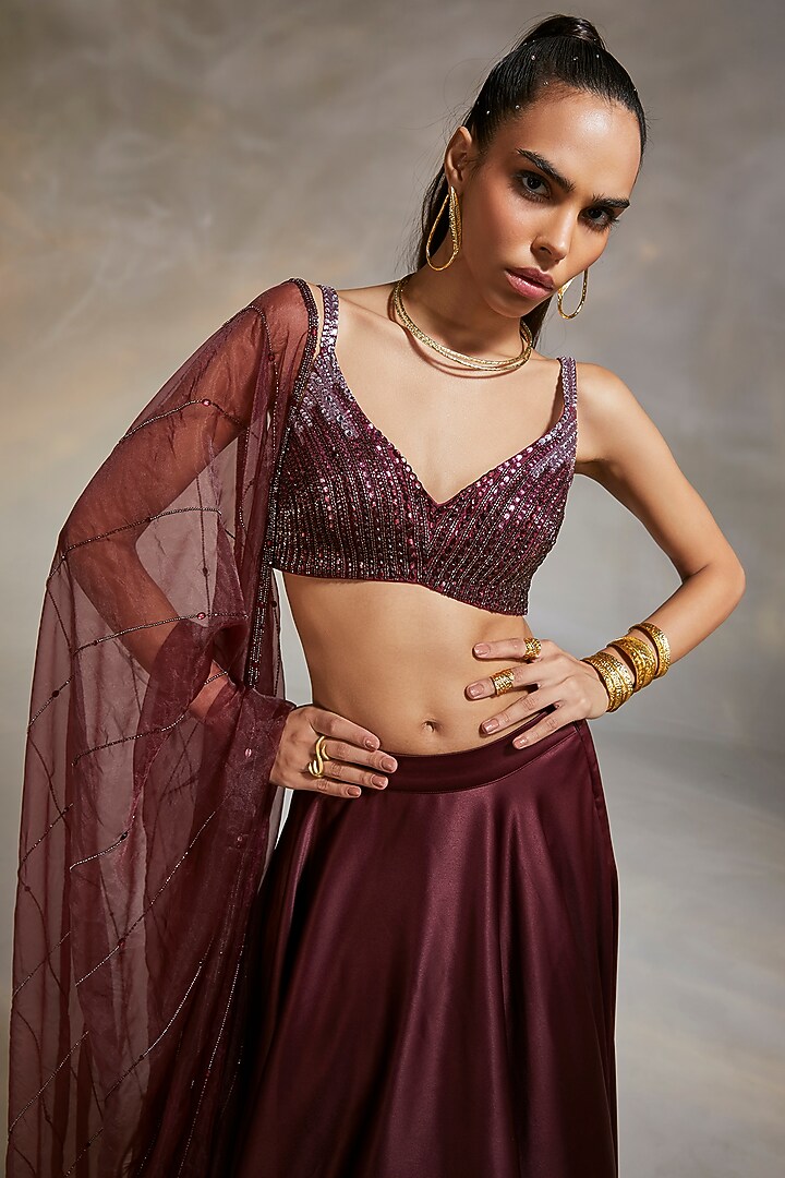 Wine Hand Embroidered Wedding Lehenga Set by Divya Aggarwal at Pernia's Pop Up Shop