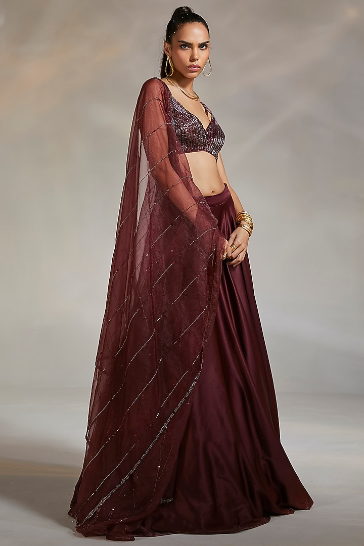 Wine Hand Embroidered Wedding Lehenga Set by Divya Aggarwal at Pernia's Pop Up Shop
