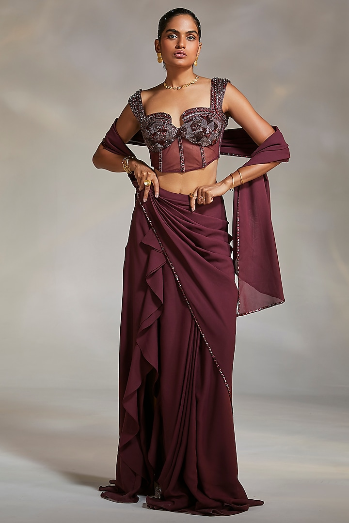 Wine Georgette Hand Embroidered Reception Saree Set by Divya Aggarwal at Pernia's Pop Up Shop