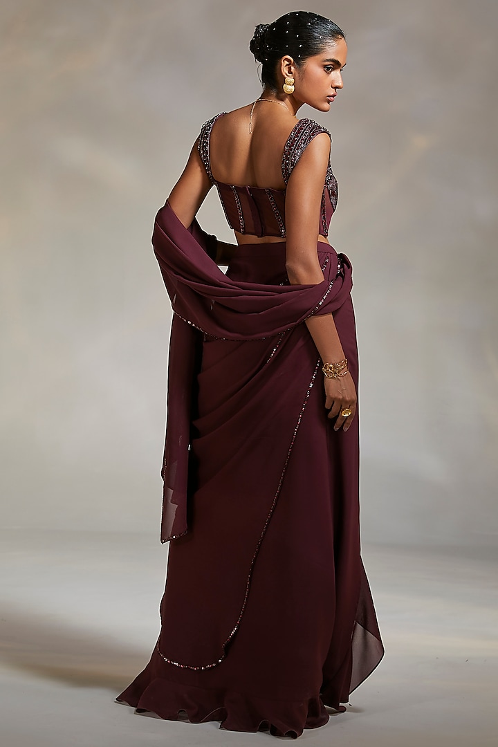 Wine Georgette Hand Embroidered Reception Saree Set by Divya Aggarwal at Pernia's Pop Up Shop
