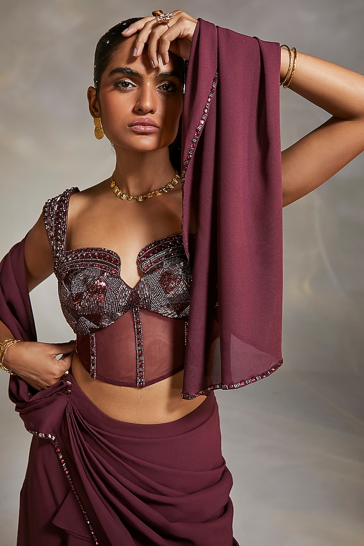 Wine Georgette Hand Embroidered Reception Saree Set by Divya Aggarwal at Pernia's Pop Up Shop