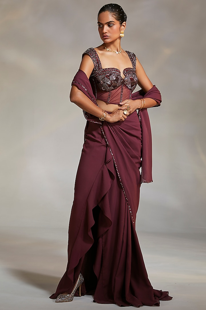 Wine Georgette Hand Embroidered Reception Saree Set by Divya Aggarwal at Pernia's Pop Up Shop