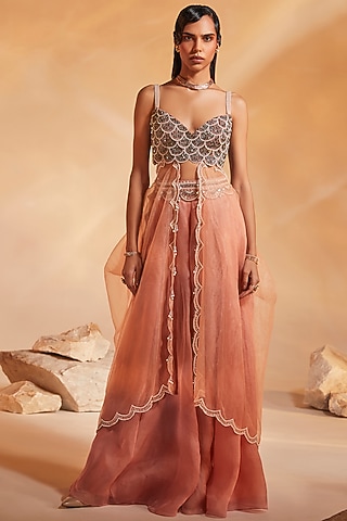 Light Coral Hand Embroidered Pant Set by Divya Aggarwal