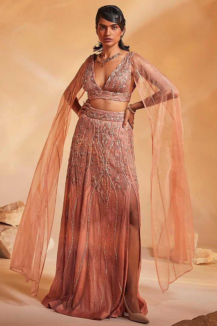 Light Coral Hand Embroidered Skirt Set by Divya Aggarwal at Pernia's Pop Up Shop