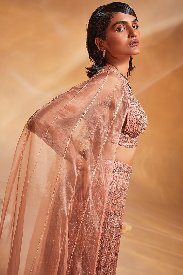 Light Coral Hand Embroidered Skirt Set by Divya Aggarwal at Pernia's Pop Up Shop