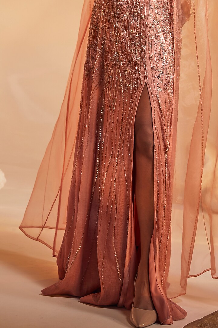 Light Coral Hand Embroidered Skirt Set by Divya Aggarwal at Pernia's Pop Up Shop
