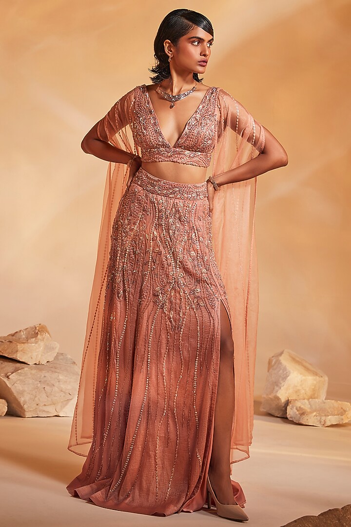 Light Coral Hand Embroidered Skirt Set by Divya Aggarwal at Pernia's Pop Up Shop