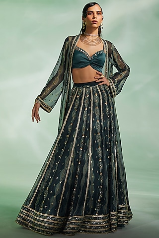 Dark Green Embroidered Jacket Lehenga Set  by Divya Aggarwal