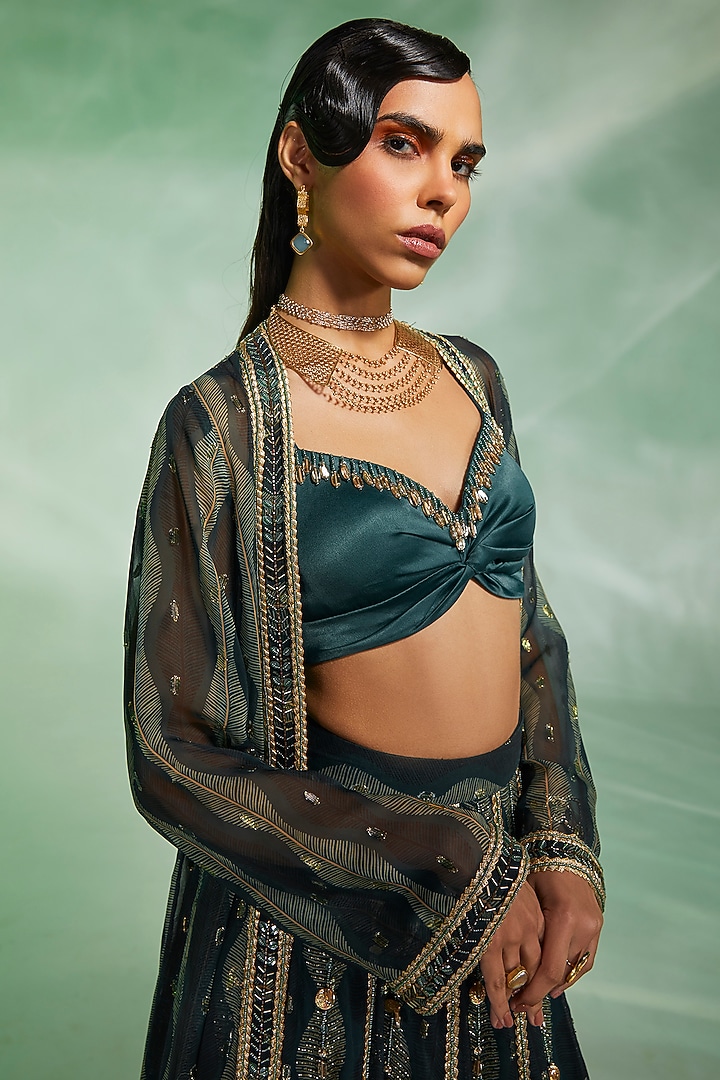 Dark Green Embroidered Jacket Wedding Lehenga Set by Divya Aggarwal at Pernia's Pop Up Shop