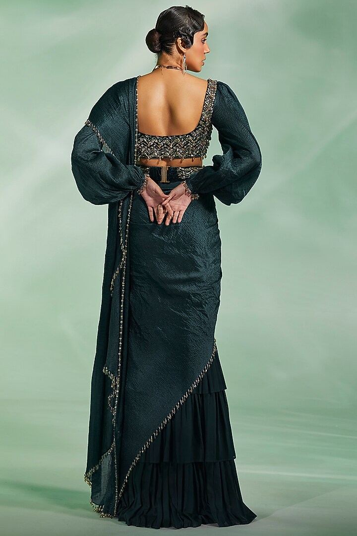 Dark Green Organza Pre-Draped Reception Saree Set by Divya Aggarwal at Pernia's Pop Up Shop