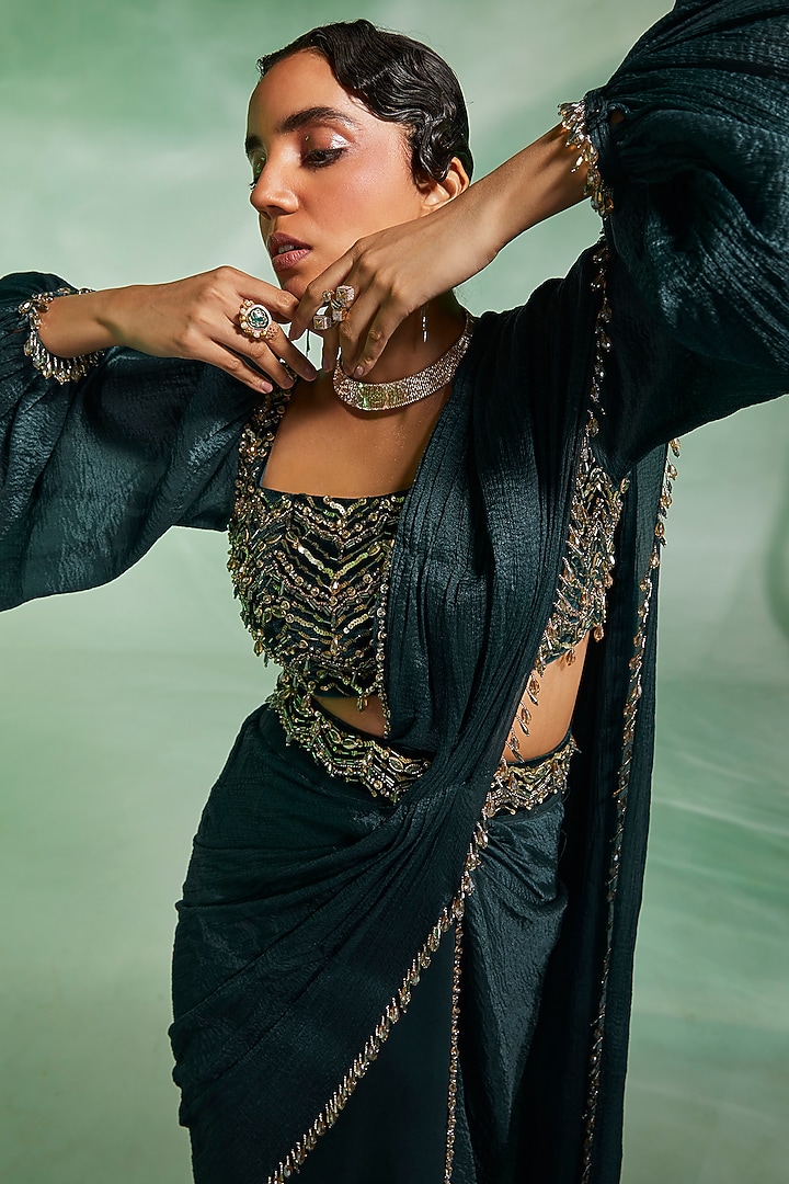Dark Green Organza Pre-Draped Reception Saree Set by Divya Aggarwal at Pernia's Pop Up Shop