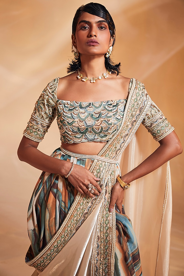 Multi-Colored Organza & Chiffon Printed Concept Reception Saree Set by Divya Aggarwal at Pernia's Pop Up Shop
