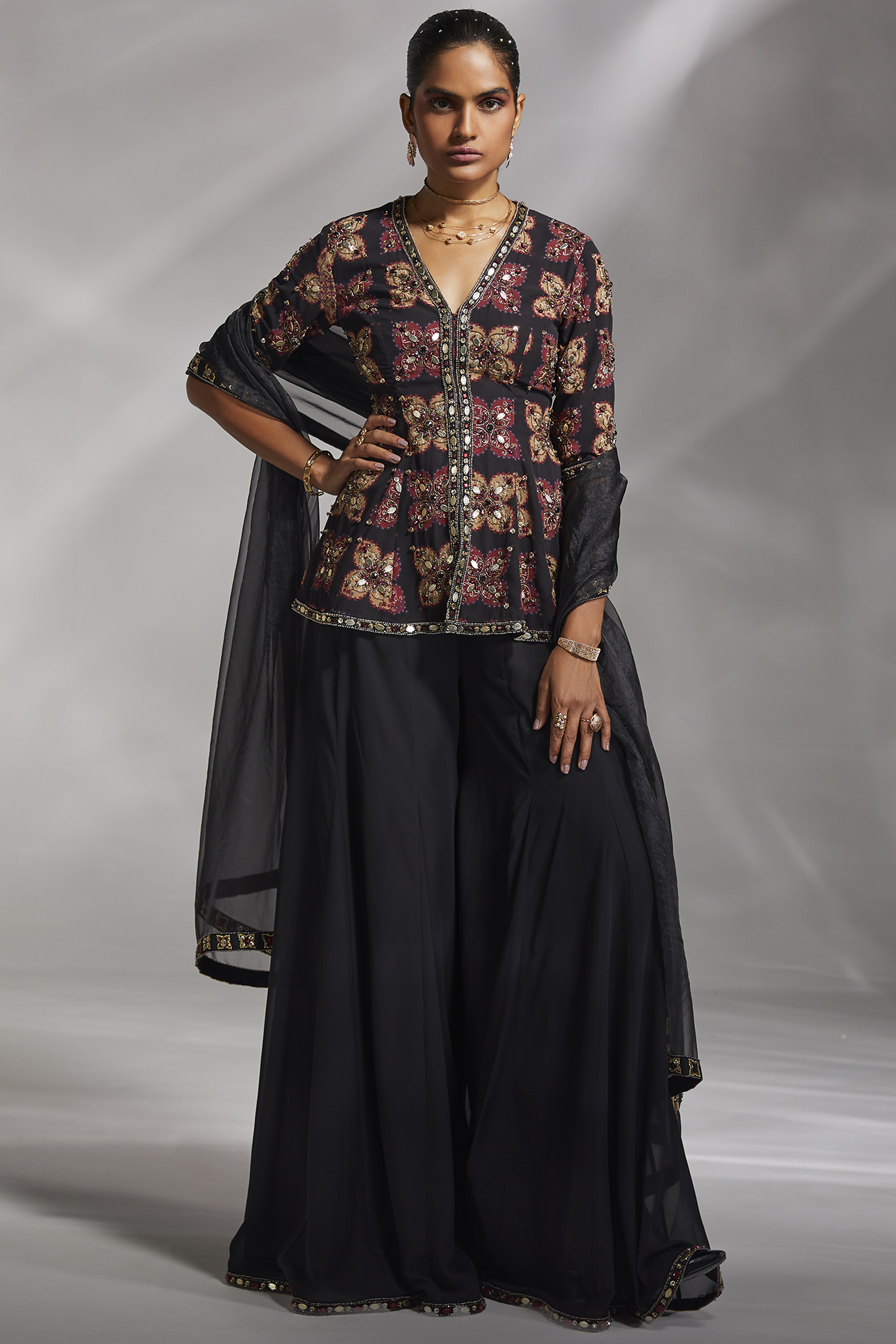Black Georgette Bridal Sharara Set by Divya Aggarwal at Pernia's Pop Up Shop