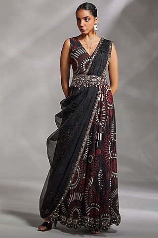 Black Printed Gown Saree Set by Divya Aggarwal