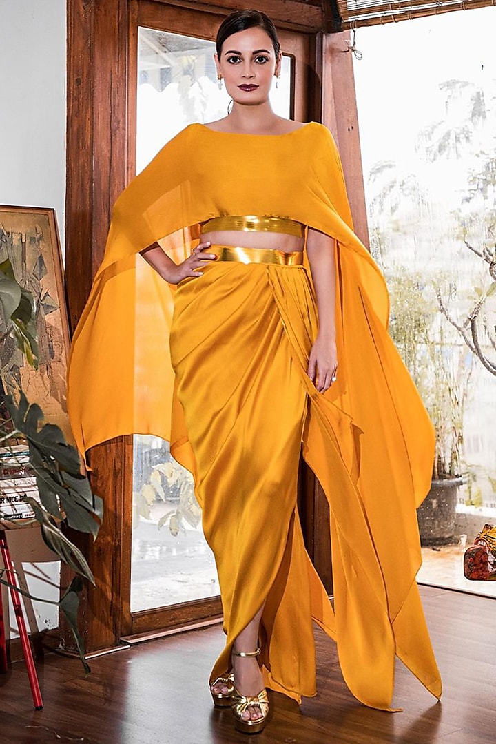 Mustard Draped Skirt Set by Amit Aggarwal