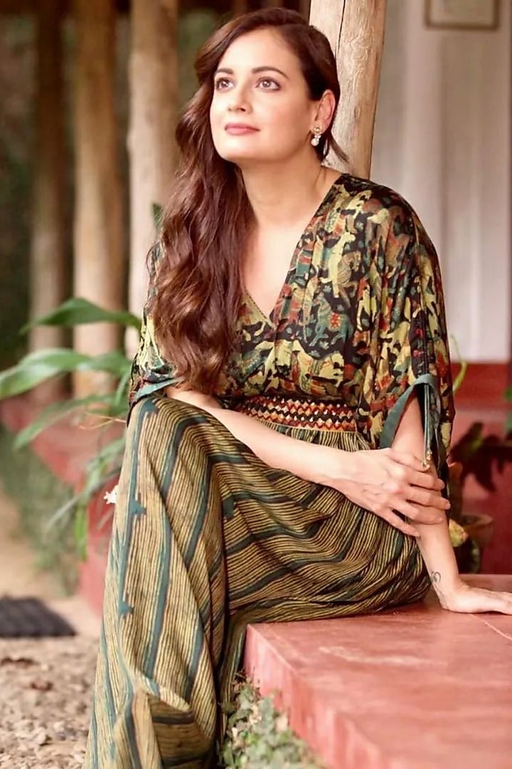 Olive Green Printed Dress With Belt by Punit Balana