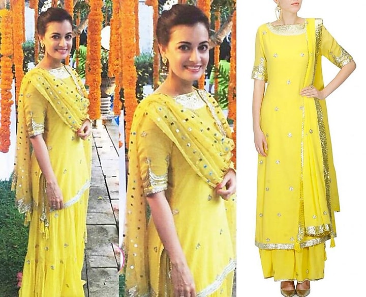 Bright yellow and gold gota patti work kurta and sharara set available only at Pernia's Pop Up Shop.