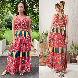 Red Printed Spaghetti Dress by Verb by Pallavi Singhee