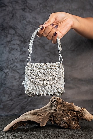 Silver Silk Bead Embellished Mini Bag by Nayaab by Sonia