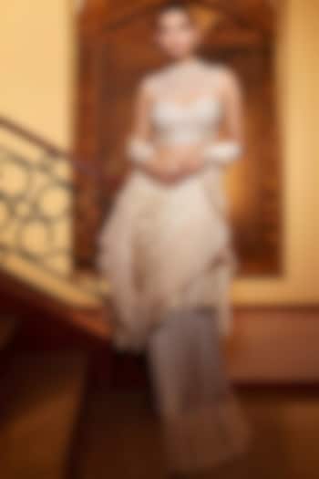 Ivory Georgette Pre-Stitched Jacket Reception Saree Set by Divya Aggarwal at Pernia's Pop Up Shop