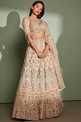 Blush Pink Zari Brocade Printed & Embroidered Lehenga Set by MOLEDRO