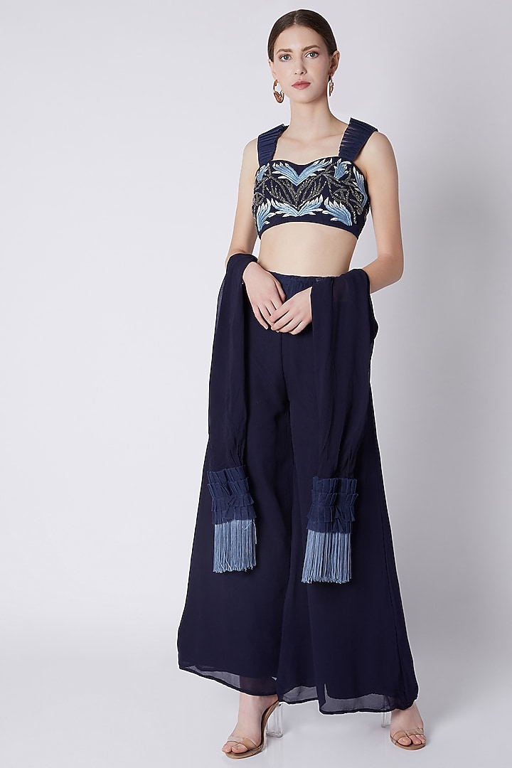 Cobalt Blue Embroidered Blouse With Palazzo & Dupatta by Disha Kahai