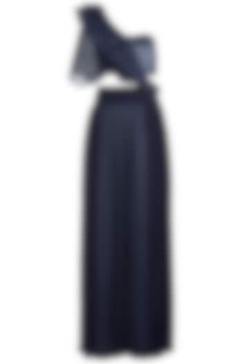 Navy Blue Wrinkled Satin Lycra Pant Wedding Saree Set by Disha Kahai at Pernia's Pop Up Shop