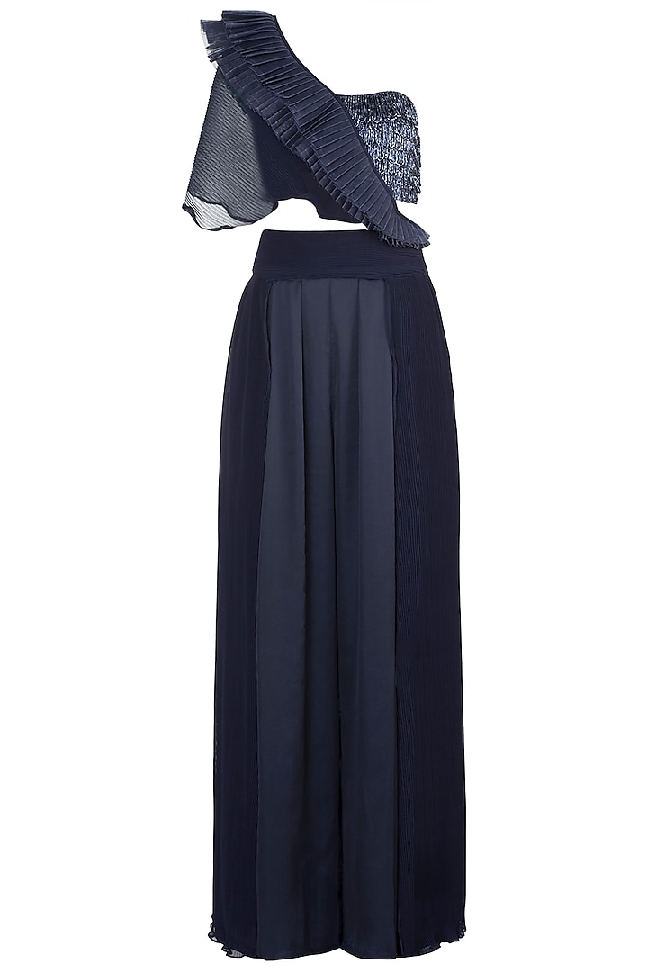 Navy Blue Wrinkled Satin Lycra Pant Wedding Saree Set by Disha Kahai at Pernia's Pop Up Shop
