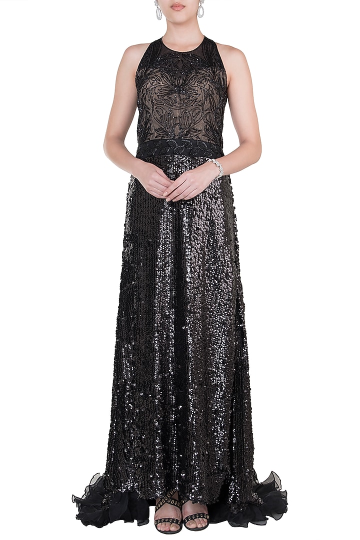 Black embroidered A-line Engagement Gown by Disha Kahai at Pernia's Pop Up Shop