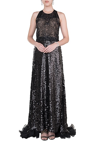 Black embroidered A-line gown by Disha Kahai