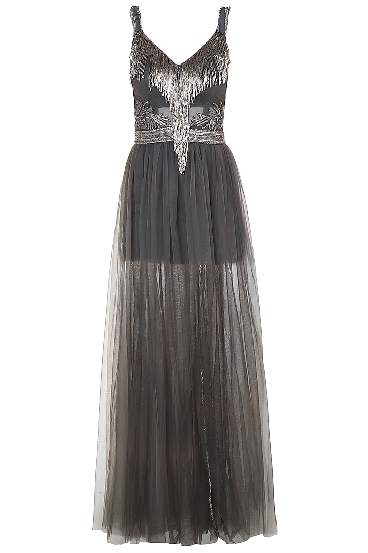Steel grey embroidered gown by Disha Kahai