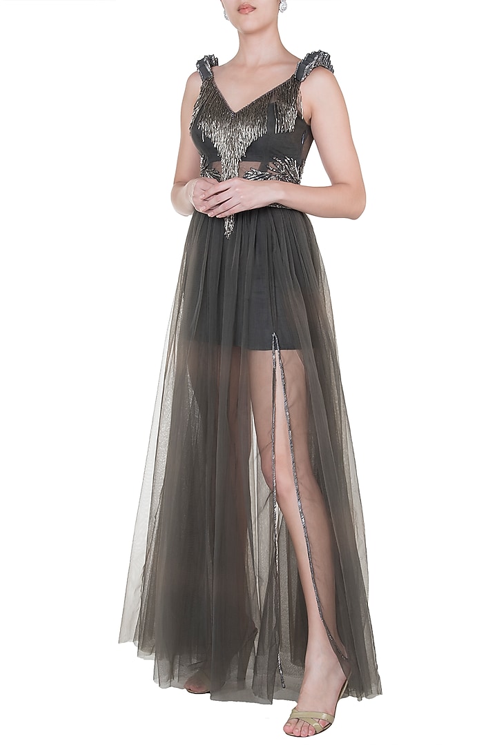 Steel grey embroidered gown by Disha Kahai at Pernia's Pop Up Shop