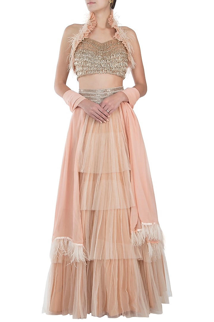 Peach embroidered Wedding Lehenga set by Disha Kahai at Pernia's Pop Up Shop