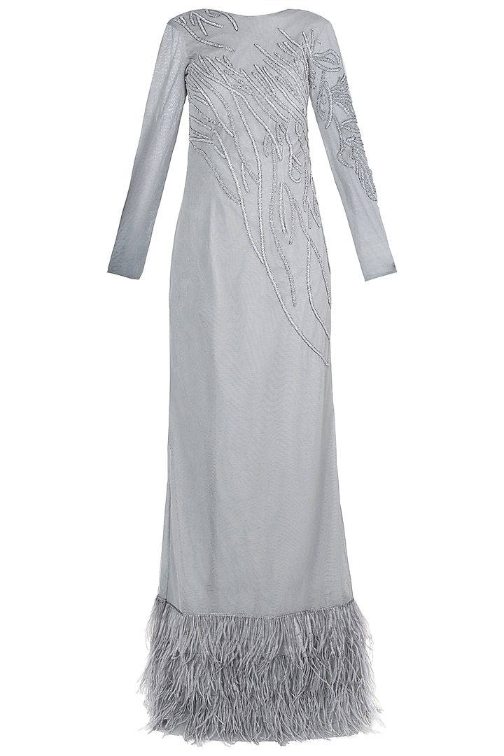 Light grey embroidered gown by Disha Kahai