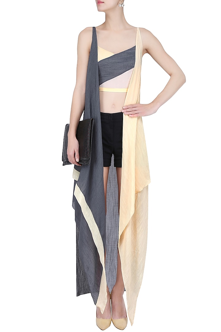 Steel grey, daffodil yellow and blus pink crop top with overjacket available only at Pernia's Pop Up Shop.