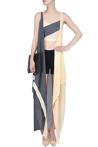 Steel Grey, Daffodil Yellow and Blus Pink Crop Top with Overjacket by Diksha Khanna